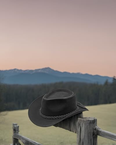 HADZAM Block Made of Grain Leather Cowboy hat for Men & Women Shapeable into Outback hat Packed in Magnetic Gift Box for Western Vintage Looks Black - Thumbnail 4