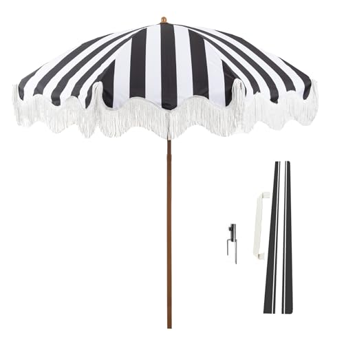 Rayjee 6.5FT Patio Umbrella with Fringe UV Protection Beach Umbrella with Tilt & Adjustable Height Includes Carry Bag & Ground Stake Outdoor Umbrella for Pool Garden Backyard-Black and White Stripe