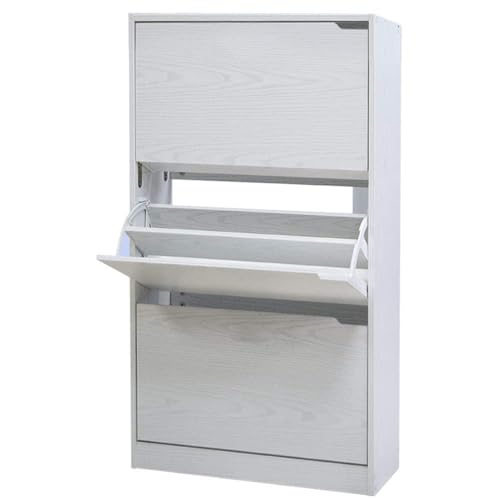 BAKAJI Scarpiera Portascarpe in Legno MDF con 3 Ante Porta Scarpe a Ribalta Maniglie a Scomparsa Doppia Profondità Dimensioni Compatte Slim 63 x 24 x 115 cm Ingresso Casa (Bianco Frassinato)