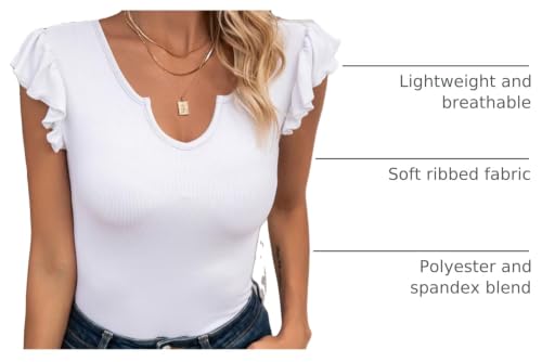 Image of VICHYIE Summer Women Ruffle Cap Sleeve Pretty Fitted Shirt | Ribbed Knit, Basic, Casual, Fashion Blouse, Solid Color