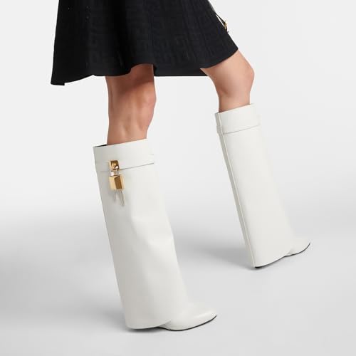 Image of Arqa Knee High Boots Womens Wedge High Heels Shark Boots Fold Over Pull-on Pointed Toe Tall Fashion Boots for Women