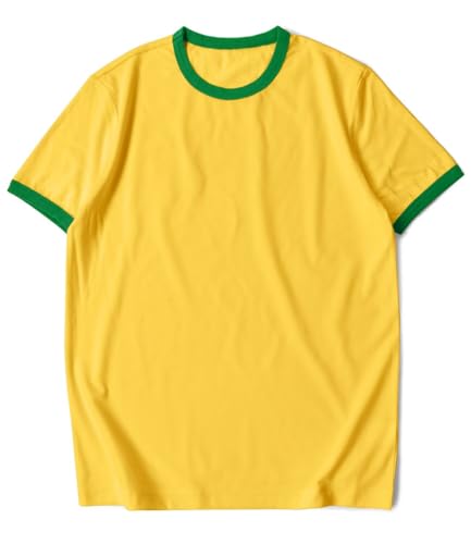 Zengjo Ringer Tee Men Vintage Crewneck Athletic T Shirts Yellow/Green L