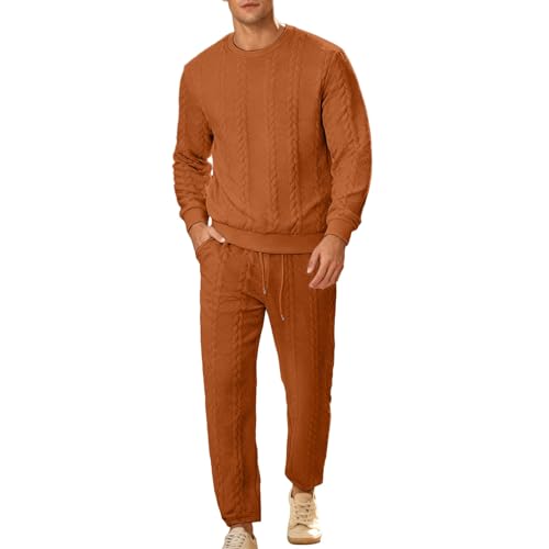 Generisch Chándal para hombre, invierno, otoño, 2 piezas, monocolor, cuello redondo, traje deportivo, jacquard, cómodo, conjunto festivo y elegante, pijama de fitness, naranja, M