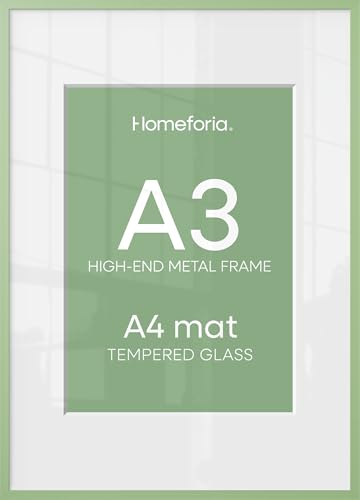 Image of Homeforia A3 Green Picture Frame, High-End Metal, A4 Mat, Glass | High End Aluminum, Tempered Glass, Acid-Free A4 Removable Mat, A3 Edge-to-Edge Display, Wall Kit, Set Of 1
