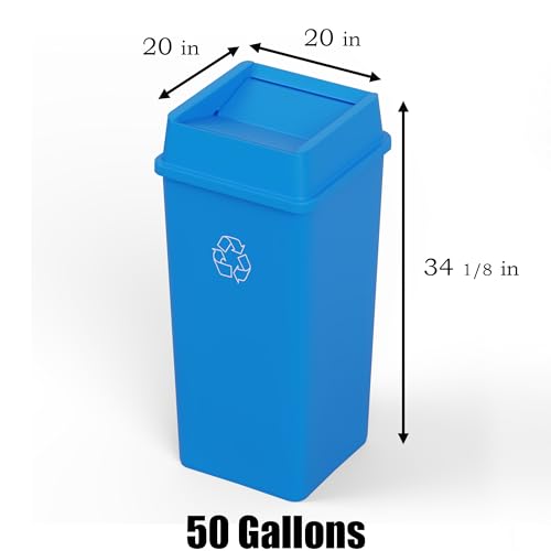 Image of 50 Gallon Blue Square Commercial Trash Garbage Can with Lid | Outdoor Office Restaurant School Kitchen