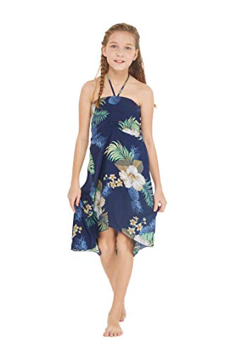 Matchable Hawaiian Luau Mother Daughter Women Kimono Dress or Girl Halter Dress in Pineapple Garden Navy3