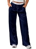 Herseas Wide Leg Velour Sweatpants Women Baggy 2025 Trendy Casual Waisted Pants Athletic Trousers Lounge Pants Navy Blue Large