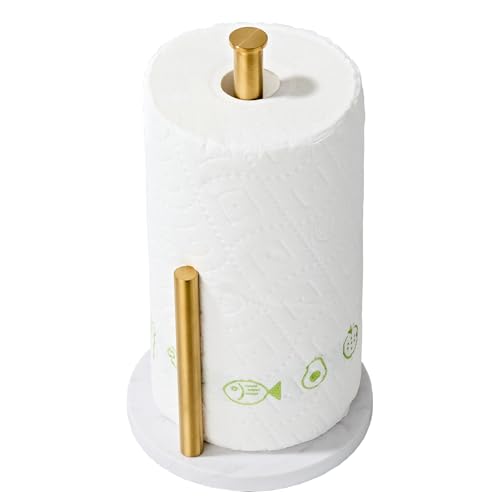 Brushed Gold Paper Towel Holder,Stainless Steel Paper Towel Holder for Kitchen Roll Organize, Standard or Jumbo-Sized Roll Paper, Countertop Roll Dispenser with Marble Base
