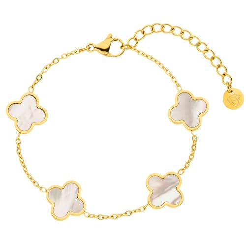 DIAMOND MODE Kleeblatt Armband Damen Gold Schmuck 18K vergoldet Clover Perlmutt Chirurgenstahl 316L wasserfest verstellbar 1620 cm Geschenk