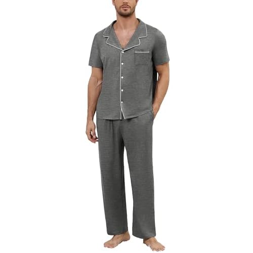 Marvmys Men's Short Sleeve Pajama Set Classic Button Down Pajamas Long Pants Sleepwear with Pockets S-XXL X-Large Grey