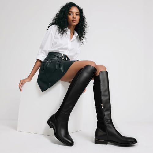 Image of Modatope Rounded Toe Flat Stretchy Dress Knee High Boots Side Zipper | Suede Elastic Fall Winter Boots, Low Chunky Block Heel Riding Boots,2026 Fashion Womens Tall Long Boots