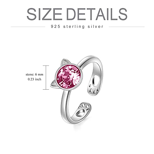 Aoboco Pink Cat Ring For Teen Girls 925 Sterling Silver Animal Adjustable Open Ring With Hollow Out Cat Paws, Cat Jewelry Gifts For Women, Made With October Pink Birthstone Crystal¡­ #TOP4