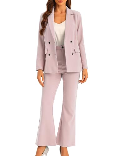 Allegra K 2 Piece Work Suit for Women's Business Formal Double-Breasted Blazer and Pants Set X-Small Pink