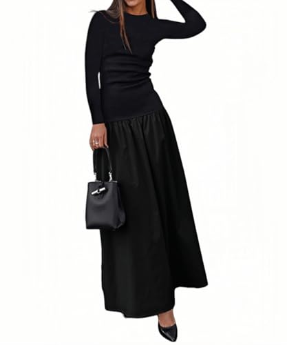 YOXUA Women's Long Sleeve Patchwork A-Line Long Maxi Dress Fall Winter Beach Maxi Dress