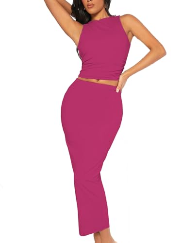 Image of Bdwinz Women's Casual 2 Piece Dress Round Neck Tank Top Bodycon Midi Skirt Dress Set