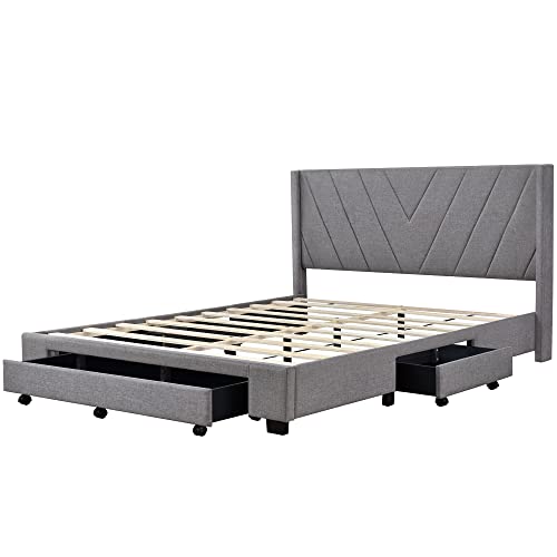 Softsea Queen Upholstered Bed Frame With 3 Drawers Queen Size Velvet Platform Bed Frame With Modern Headboard For Bedroom #TOP6