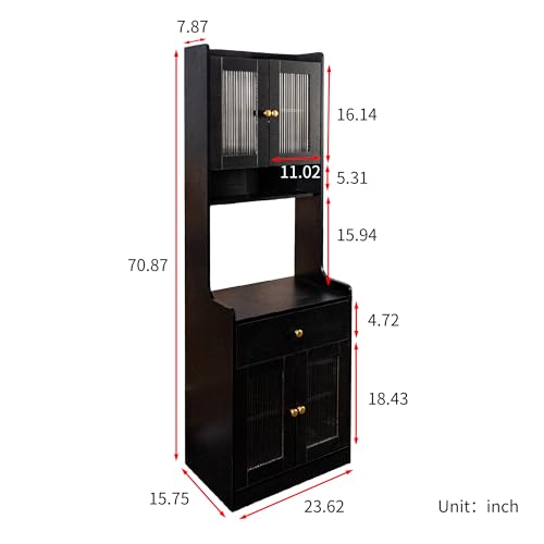 Image of 23.6 inch W Walnut Kitchen Pantry Hutch - Freestanding Storage Cabinet 2 Cabinets 1 Drawer with Microwave Stand for Kitchen Coffee Bar (Black 23 inch W)