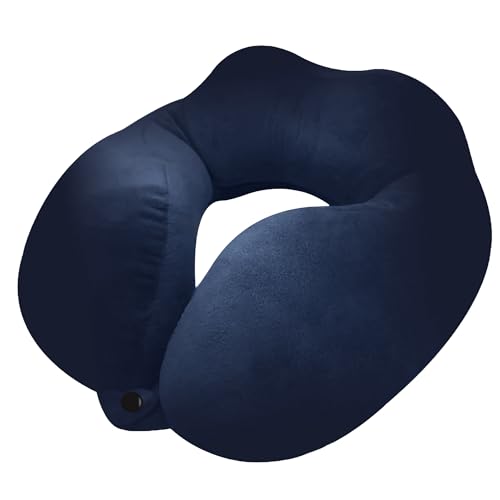 Image of Rover Travel Neck Pillow - Soft Fiber Filled with Snap Button, Plush Fabric, Neck Support for Flight, Bus, Car, Pain Relief (Navy Blue)