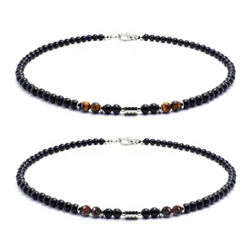 DOKRIN Collares para hombre，Dos collares de ojo de tigre para hombre con incrustaciones de hematita y ojo de tigre (ojo de tigre amarillo 50 cm, ojo de tigre rojo 55 cm)