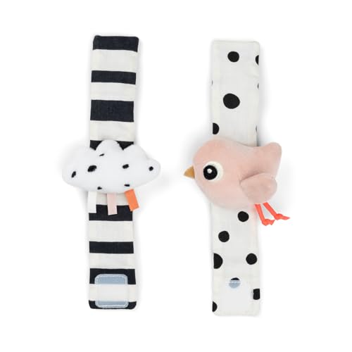 Done by Deer Rasselarmband 2 Stück Happy clouds Rosa - Perfekt für die Stimulierung der Sinne, das Körperbewusstsein und das Erkennen der Hände - Babyspielzeug ab 0 monate - Klettverschluss