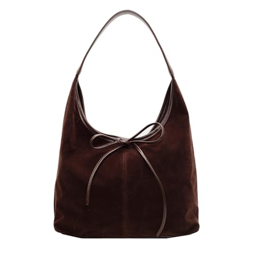POAPRRD Sacolas femininas de camurça com laço moderno bolsa de ombro despojada bolsa Hobo, Café, Medium