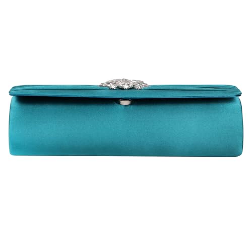 Image of Evening Bags For Women Pleated Satin Rhinestone Brooch Prom Clutch Purse With Detachable Chain Strap
