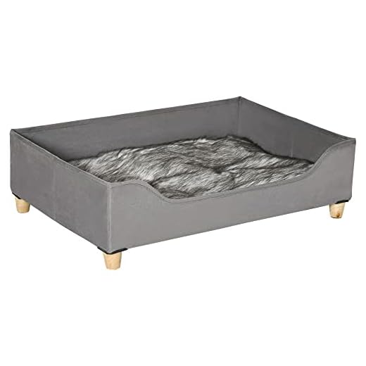 PawHut Sofá para Perros Gatos Cama Cesta para Mascotas Medianas y Pequeñas con Cojín Extraíble Lavable y Patas Elevadas de Madera 81x56x23,5 cm Gris