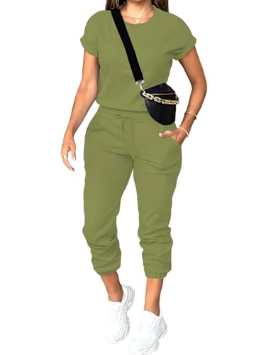 PINSV Women's 2 Piece Outfits Tracksuit Sets Short Sleeve Tops Jogger Pants with Pockets Olive Green M