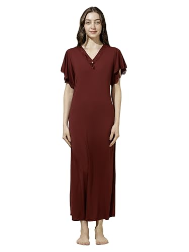 Image of 9shines Label Stylish Soft Modal Maxi Nighty | Honeymoon Nighty | Full Length Trendy Nightgown | V-Neck Lace | Premium Nightdress | Soft Long Nightdress | Maxi Gown Nightwear for Women (Malai Satin)