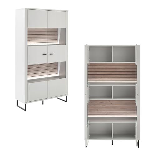 Lomadox Wohnwand Wohnmöbel Set weiß mit Eiche-Lamellen 3-teilig Modern, 1 Vitrine, 1 Wandboard, 1 Lowboard inkl. LED-Beleuchtung – Bild 8