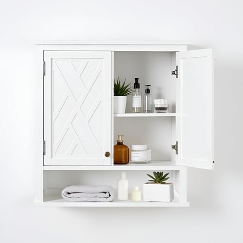 Alaterre Furniture Coventry Wall Mounted Bathroom Cabinet with Shaker-Style Doors, Adjustable Shelf & Open Storage – 27" x 29" Space-Saving Organizer for Small Bathrooms