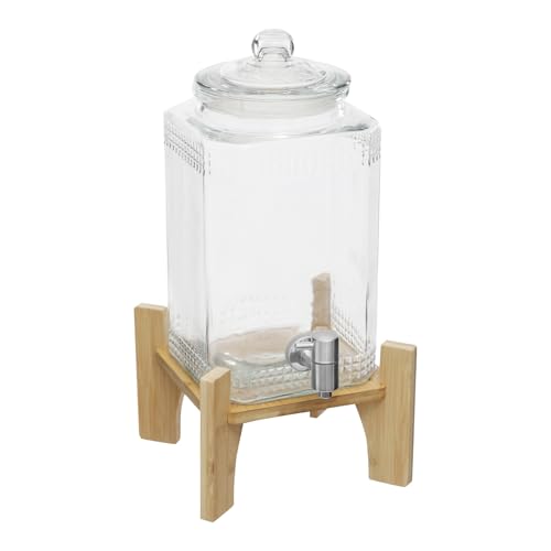 Dispensador de bebidas, recipiente de cristal con capacidad de 5 l, grifo de acero inoxidable 304, dispensador de mesa con soporte de madera para zumo, agua, té, leche para cocina, picnic, fiesta, bar Dispensador de bebidas, recipiente de cristal con capacidad de 5 l, grifo de acero inoxidable 304, dispensador de mesa con soporte de madera para zumo, agua, té, leche para cocina, picnic, fiesta, bar