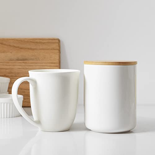 Dowan White Kitchen Canister, Airtight Food Storage Ceramic Jar With Wooden Lid, 14 Fl Oz (400 Ml) Portable Canister For Tea, Sugar, Ground Coffee, Spices, 3.15 X 3.93 Inches #TOP1