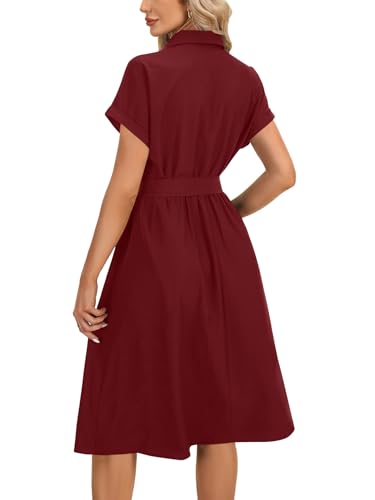 Image of Vrtige Women's Collar Neck Button Down Tie Waist Short Sleeve A Line Midi Shirt Dress