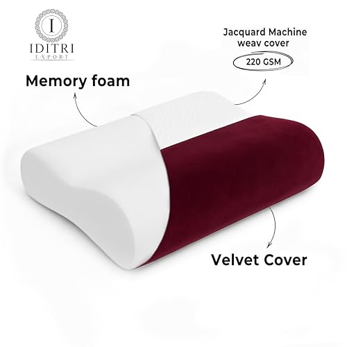 Image of Ergonomic Memory Foam Pillow Set of 2 with 9 cm 12 cm Heights, Cervical Contour for Neck Relief, Protective Inner Cover, Jacquard Velvet Outer Case, Maroon, 60 x 35 cm