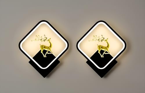 Image of Modern LED Wall Lamps | Pack of 2 Square Deer Design | Artistic Metal Accent Lighting for Bedroom, Living Room & Hallway | 3 Color Modes - Warm White, Natural White & Cool White