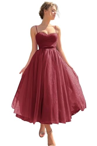 Image of A line Ruched Tulle Prom Dress Spaghetti Straps for Women, Tea Length Sweetheart Homecoming Dress Cocktail Dress