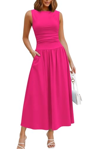 Image of Womens Summer Casual Midi Maxi Dress 2026 Sleeveless Ruched A Line Flowy Cocktail Wedding Guest Beach Long Sundress