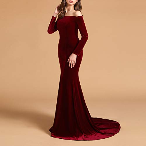 TTYBridal Velvet Off Shoulder Court Train Prom Dress Mermaid Evening Gown with Long Sleeves EV004E4
