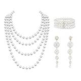 3 Stück Perlen Schmuck Set für Damen, Langen Kunststoffperlen Ohrringen, 3 Reihiges Stretch Perlenarmband, Vintage Imitation Perlenkette, 1920er Accessoires Perlen Set für Party, Abschlussball