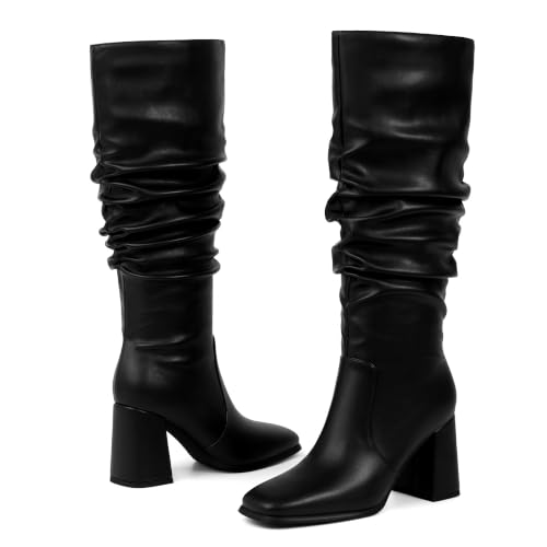 Image of Knee High Boots Women Square Toe Chunky Heel Fashion Tall Boots | Block Heel Gogo Boots with Side Zipper,Fashion Heeled Fall Winter Boots,Long Dressy Boots for Women