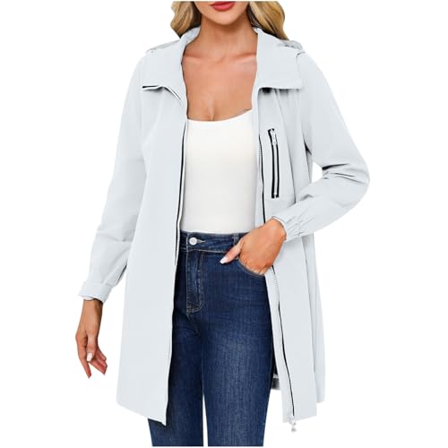 Generisch Chubasquero para mujer, impermeable, ligero, largo, de entretiempo, chaqueta softshell con capucha, monocolor, manga larga, cortavientos, chaqueta funcional para exteriores, chaqueta con