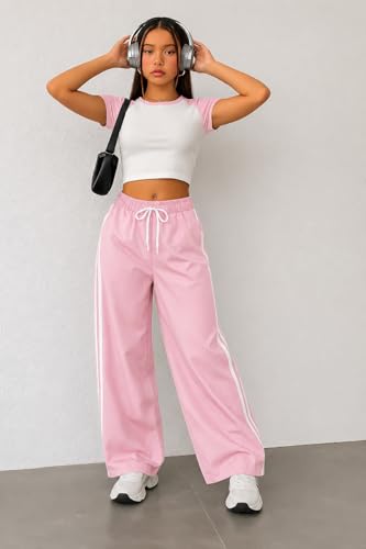 Image of SAKHWALA Women Track Pant | Women's Wide Leg Track Pants High Waist Drawstring Sweatpants with Side Stripes, Casual Loose Fit Lounge Joggers, Dark Grey