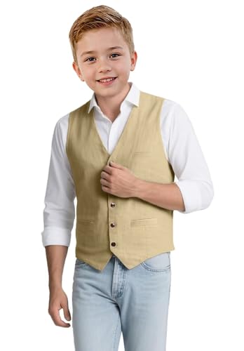 Boys Linen Vest Casual V Neck Kids Waistcoat with Pocket Boy Suit Vest for Summer Beach Wedding4
