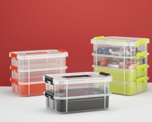 Image of Golden bird plastic boxes for Storage transparent, Space Saving Organiser with Lid Portable & Stackable for Jewelry, Beads, Crochet, Sewing, Scrapbooking DIY Craft (2 tier, Green)
