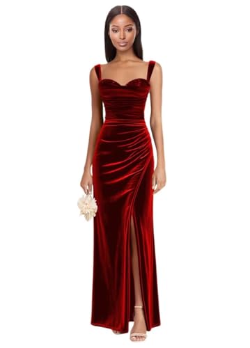 Dessiny Spaghetti Strap Velvet Mermaid Bridesmaid Dresses for Women Maxi Sequin High Slit Formal Evening Gown DE5892
