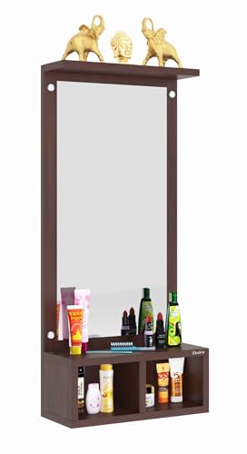 Image of Engineered Wood Wall Mounted Dressing Table with Mirror and Storage Shelves, Wenge Brown Finish, Engineered Wood, 82.5x37x14 cm I Rectangular Mirror Bedroom Living Room Stand