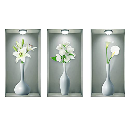 milaosk 3Pcs 3D Wall Sticker Vases, Living Room Wall Stickers 3D White Vase Plant Wall Stickers 3D Vinyl Removable Flowers Wall Sticker Decals DIY for Wall Decor