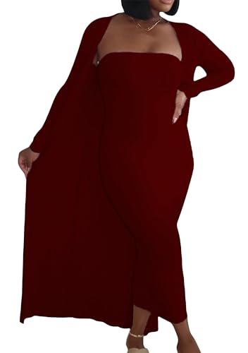 OMZIN Women's 2 Piece Sets Sexy Cardigan Midi Bodycon Dress