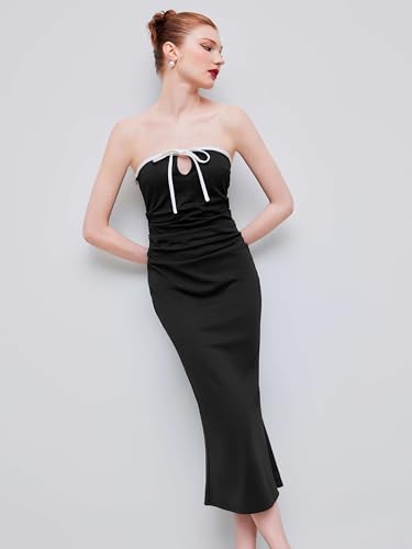 Image of CIDER Strapless Tude Bodycon Midi Dress Ruched Tie Knotted Cocktail Party Summer Dresses